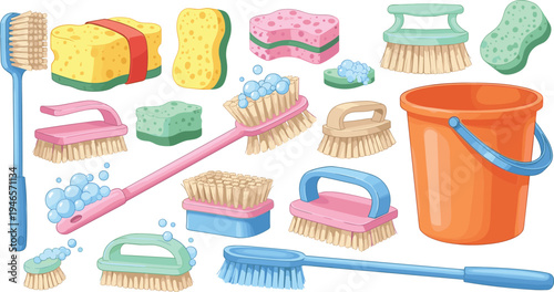 Cleaning tools and supplies collection with brushes sponges bucket and scrubbers household hygiene vector illustration set
