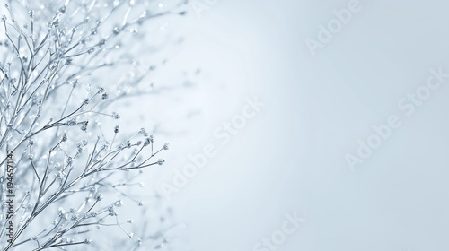 Minimal winter branch with frost and ice crystals on soft background. Delicate nature composition with clean space for design and branding. Seasonal cold concept for greeting cards, banners