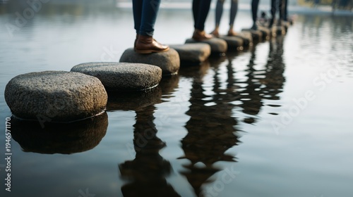 Low angle view of people's feet walking across a series of stone stepping stones over calm water, representing the journey, careful steps, and progress toward a clear destination.