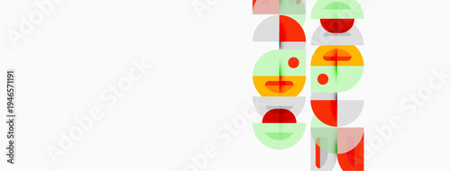Abstract geometric shapes, circles, semicircles, plus signs, dots. Colors include red, green, orange, beige. Minimalist design, clean lines.