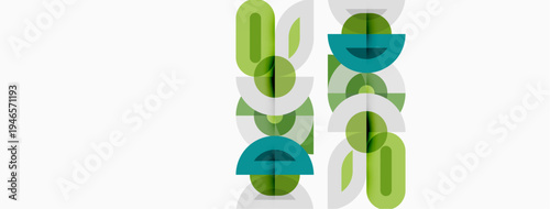 Abstract pattern features overlapping rounded shapes. Green, teal hues dominate white background. Minimalist design, modern aesthetic.