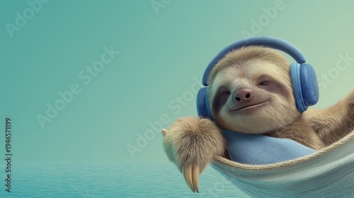 Sloth relaxes in hammock wearing headphones and smiling calmly. Cozy lifestyle scene shows rest, music, and relaxation concept. Playful animal character for wellness, stress relief