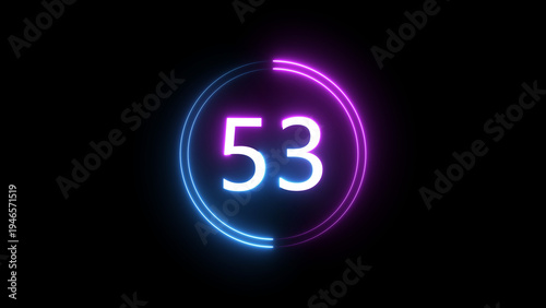 A dynamic circular illustration, and glowing count neon number 53 illustration . on a black background. and creating a stunning 4k illustration.