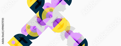 Abstract geometric shapes overlap, creating colorful patterns. Light purple, yellow, navy dominate composition. Minimalist design.