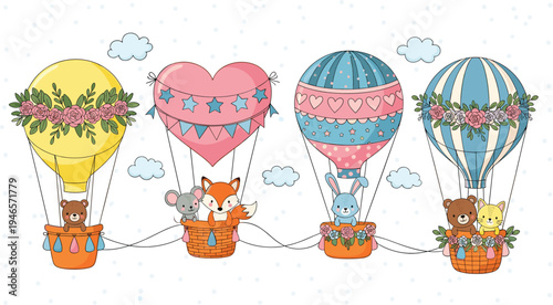 Cute animals flying in hot air balloons with floral decorations whimsical cartoon vector illustration for kids nursery