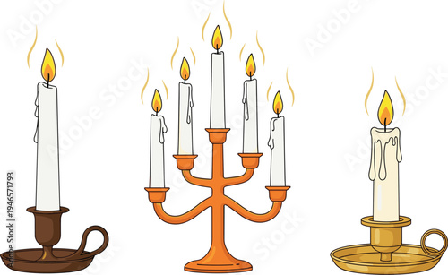 Vintage candle holder illustration set, burning wax candles in classic candlestick and candelabra, decorative antique light clipart isolated