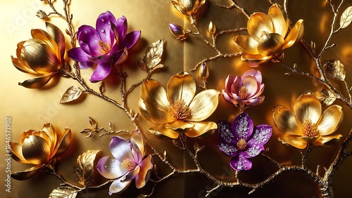 Golden Magnolia Flowers and Branches with Purple Accents on Textured Gold Background
