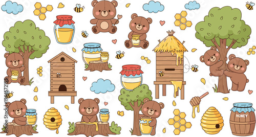 Cute bear honey collection with beehive bees honey jar tree and forest elements cartoon vector illustration set