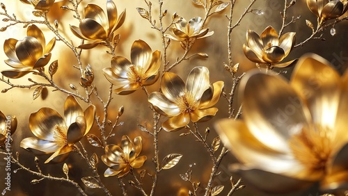 Gold Magnolia Flowers with Branches and Leaves on Textured Background Close-up Detail