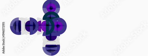 Abstract purple shapes overlap, creating dynamic composition. Circles, ovals, plus signs suggest movement, depth. Minimalist design on white background.