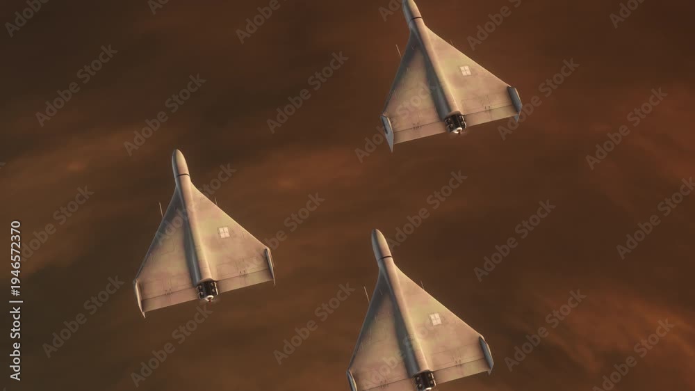 custom made wallpaper toronto digitalPassing Above Trio of Shahed 136 Kamikaze Drones Flying Above Sunset Clouds. Close-up detailed 3d animation. UAV Unmanned Aerial Vehicle. Modern Technology Warfare in the Air. Combat Aircraft.