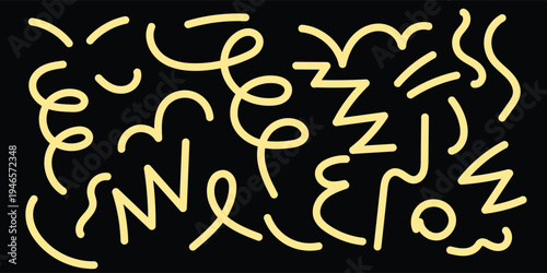 Yellow squiggle doodle line set. Abstract hand drawn vector collection