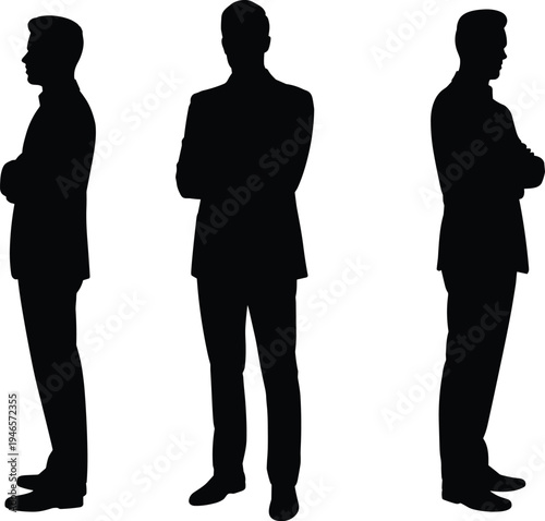 Professional business silhouette, corporate man standing, suit posture illustration, anonymous businessman figure, office worker profile, leadership concept, confident executive stance