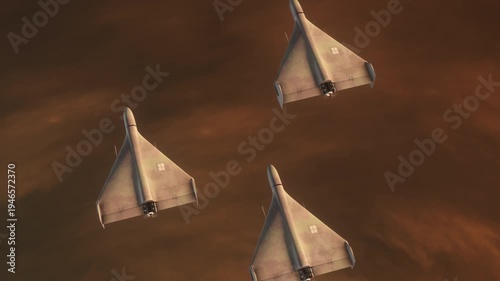 Wallpaper Mural Passing Above Trio of Shahed 136 Kamikaze Drones Flying Above Sunset Clouds. Close-up detailed 3d animation. UAV Unmanned Aerial Vehicle. Modern Technology Warfare in the Air. Combat Aircraft. Torontodigital.ca