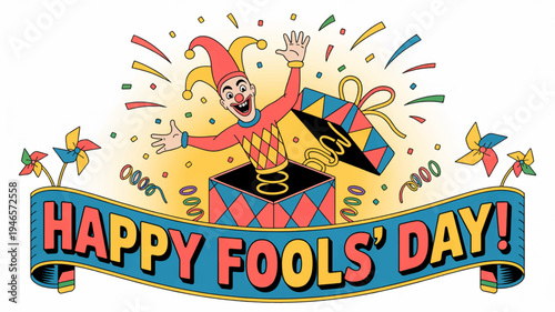 Vibrant april fools' day banner with jester and colorful confetti