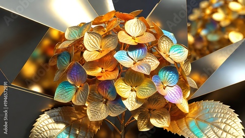 Golden Hydrangea Blooms with Iridescent Petals and Geometric Reflections