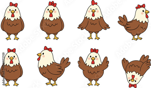 Cute cartoon chicken character collection with funny hen poses farm animal mascot vector illustration set