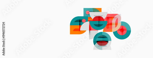 Abstract geometric shapes overlap, creating colorful composition. Circles, squares, rectangles present modern design. Minimalist aesthetic.