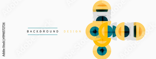 Abstract geometric shapes overlap, creating vibrant design. Yellow, blue, gray tones dominate composition. Minimalist style.