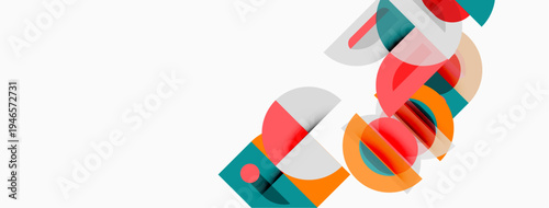 Abstract geometric shapes overlap, creating colorful design. Minimalist composition with orange, teal, pink hues. Clean lines, modern aesthetic.
