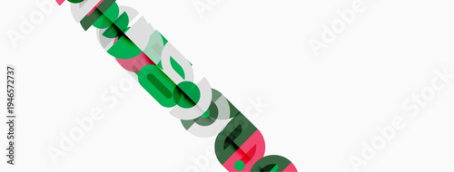 Abstract graphic design features layered text elements. Colors include green, red, black, white. Minimalist composition, diagonal arrangement.