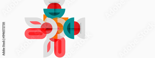 Abstract geometric shapes overlap, creating vibrant composition. Red, teal, gray tones dominate design. Minimalist style, modern aesthetic.