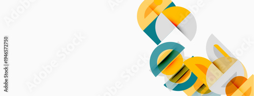 Abstract geometric shapes overlap, creating dynamic visual interest. Yellow, teal, gray tones dominate composition. Minimalist design.