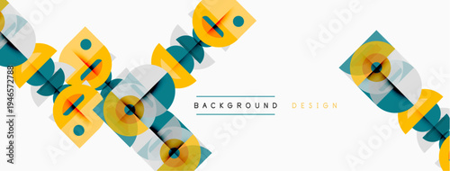 Abstract geometric pattern. Overlapping squares, circles create dynamic visual texture. Yellow, teal hues dominate neutral backdrop.