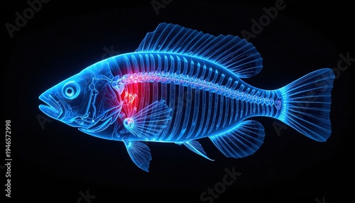 X-ray of a vibrant blue fish showing internal anatomy and glowing red heart on a black background, scientific illustration, x ray, internal organ, marine life