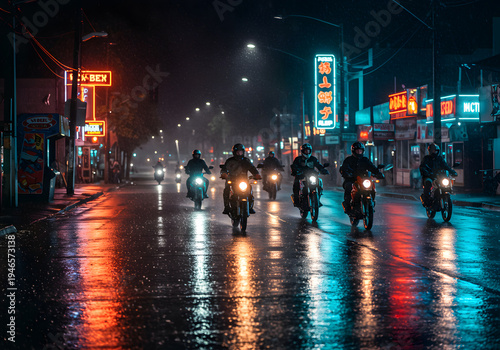 Motorcyclists riding wet city street night