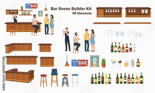 Flat vector bar scene builder kit with bartender, customers, bar counters, bottles, glasses, furniture and interior elements. 