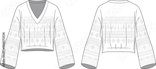 Fashion technical drawing, cropped long sleeve top, V-neck blouse, geometric pattern design, garment flat sketch, apparel illustration, trendy women clothing template