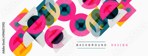 Abstract geometric pattern. Overlapping squares, circles create vibrant colorful design. Modern style, clean lines, simple shapes.