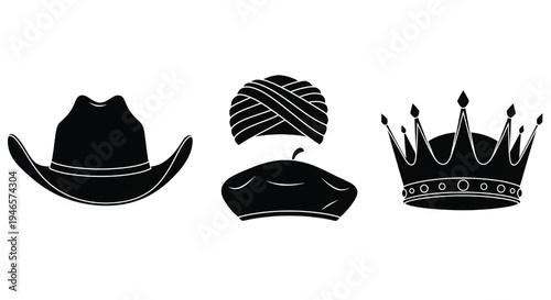 A set of four different black hat silhouettes on a white background