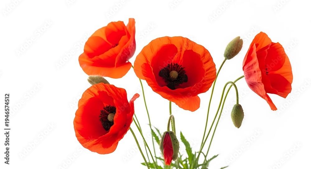 Naklejka premium Vibrant red poppies on a white background