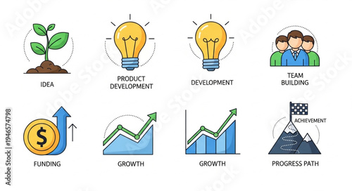 Business startup growth and success icons collection.