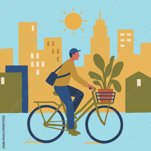 Cyclist with Plant in City