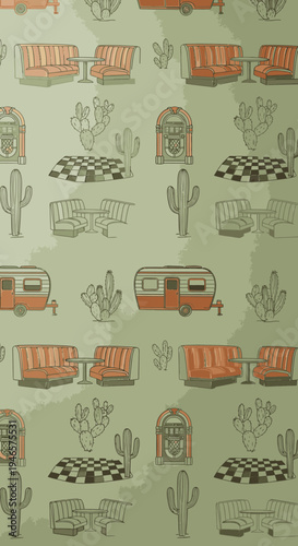 Retro American Diner and Road Trip Seamless Pattern with Vintage Campers, Jukeboxes, Cacti, and Booths on Green Background
