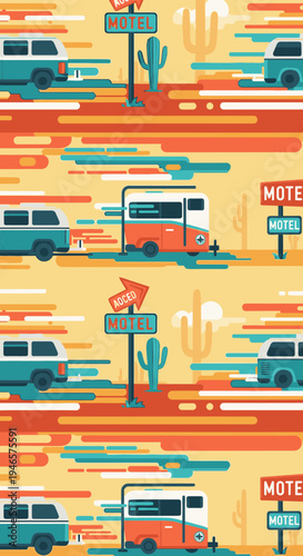 Seamless retro desert road trip pattern with vintage camper vans, cars, cacti, and motel signs. Ideal for travel, adventure, and summer themes.