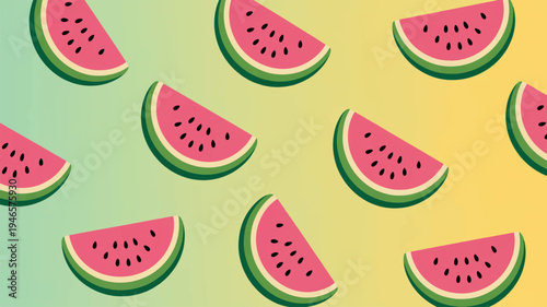 Vibrant summer background pattern featuring sliced watermelons on gradient green and yellow background with fresh fruit slices