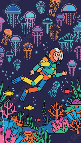Surprised Diver Surrounded by Jellyfish