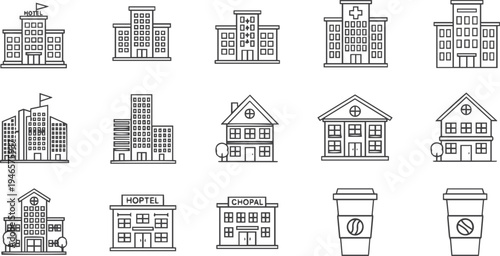 Building web icons in line style. Hotel, hospital, apartament, city, town house, mall, coffee, collection. Editable stroke. Vector illustration