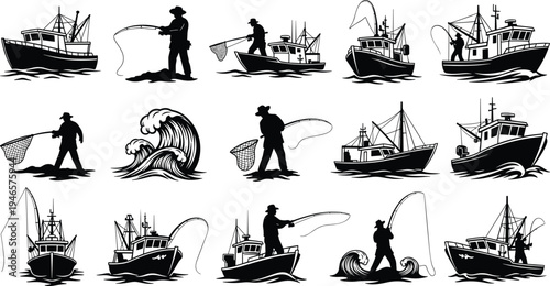 Fishing silhouettes, boats fishermen casting nets lines waves icons, outdoor lifestyle illustration set for marine sport hobby and ocean design