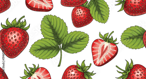Hand drawn strawberry seamless pattern with fresh berries slices and leaves vintage botanical fruit vector illustration