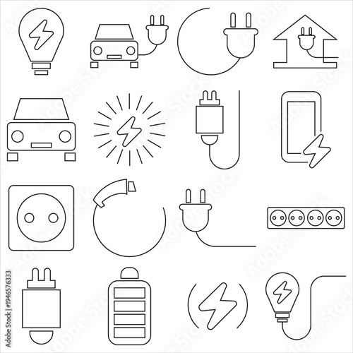 Electric Vehicle Charging and Energy Line Icons . Electric vehicle charging, renewable energy, battery and power technology line icons for EV infrastructure, sustainable transport . 