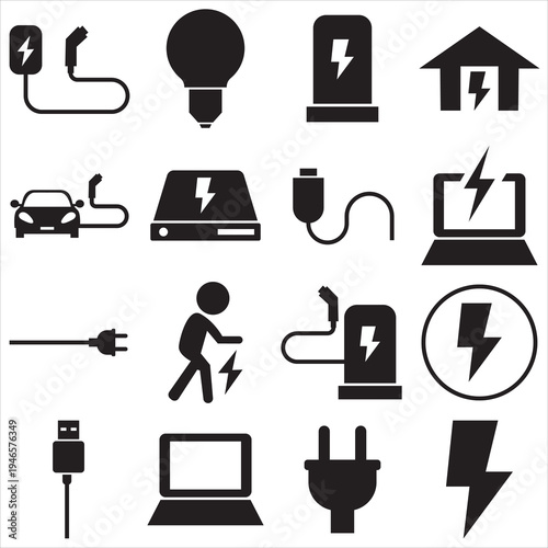Electric Vehicle Charging and Energy Line Icons . Electric vehicle charging, renewable energy, battery and power technology line icons for EV infrastructure, sustainable transport . 
