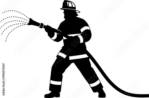 Silhouette of firefighter holding hose  vector on Transparent Background.
