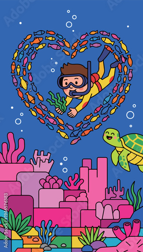 Cartoon Diver with Fish Heart and Turtle