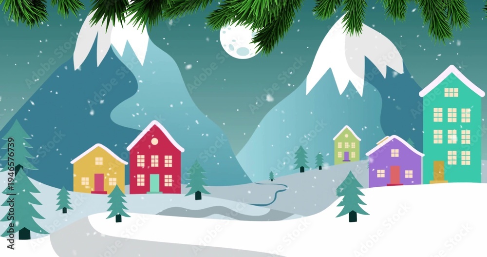 Naklejka premium Glowing colorful houses sitting on snowy hillside in mountain village at night, moonlit mountains