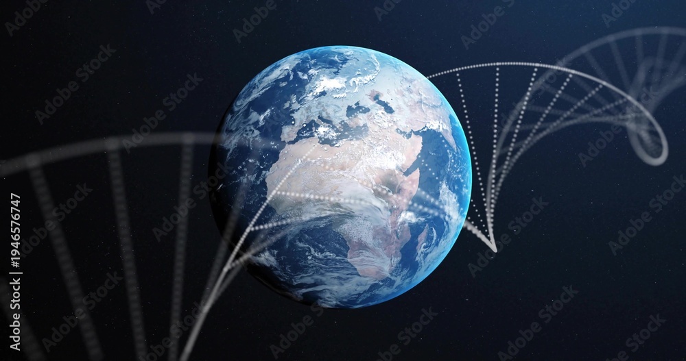 Fototapeta premium Displaying rendered Earth globe floating in outer space, with dotted helix trajectories